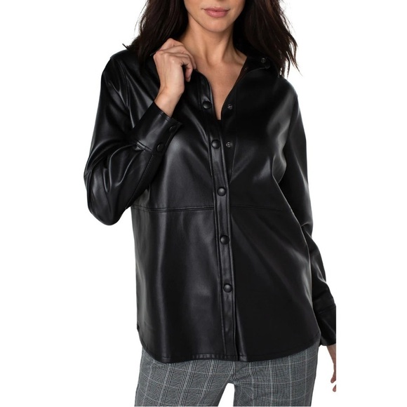 Liverpool Seamed Faux Vegan Button-down Leather Shacket, Black, Size XS‎ - Picture 4 of 12